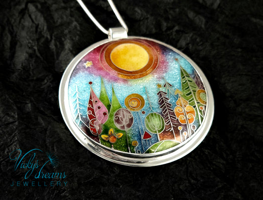 Handmade Cloisonné Forest Pendant – Sterling Silver Nature Jewellery
