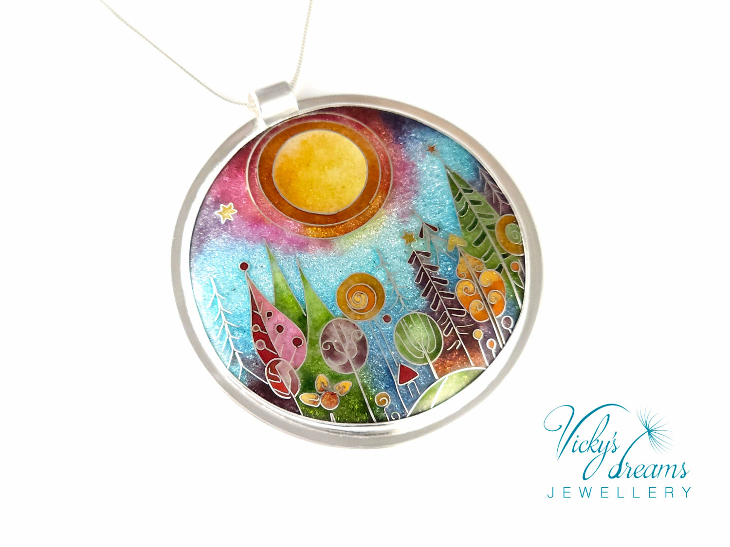 Handmade sterling silver cloisonné enamel pendant featuring a dreamlike forest with stylized trees, flowing lines, spiral motifs, and subtle stars