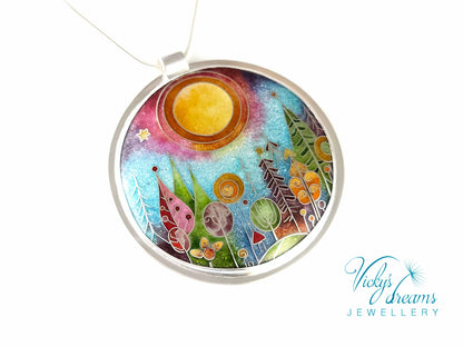 Handmade sterling silver cloisonné enamel pendant featuring a dreamlike forest with stylized trees, flowing lines, spiral motifs, and subtle stars