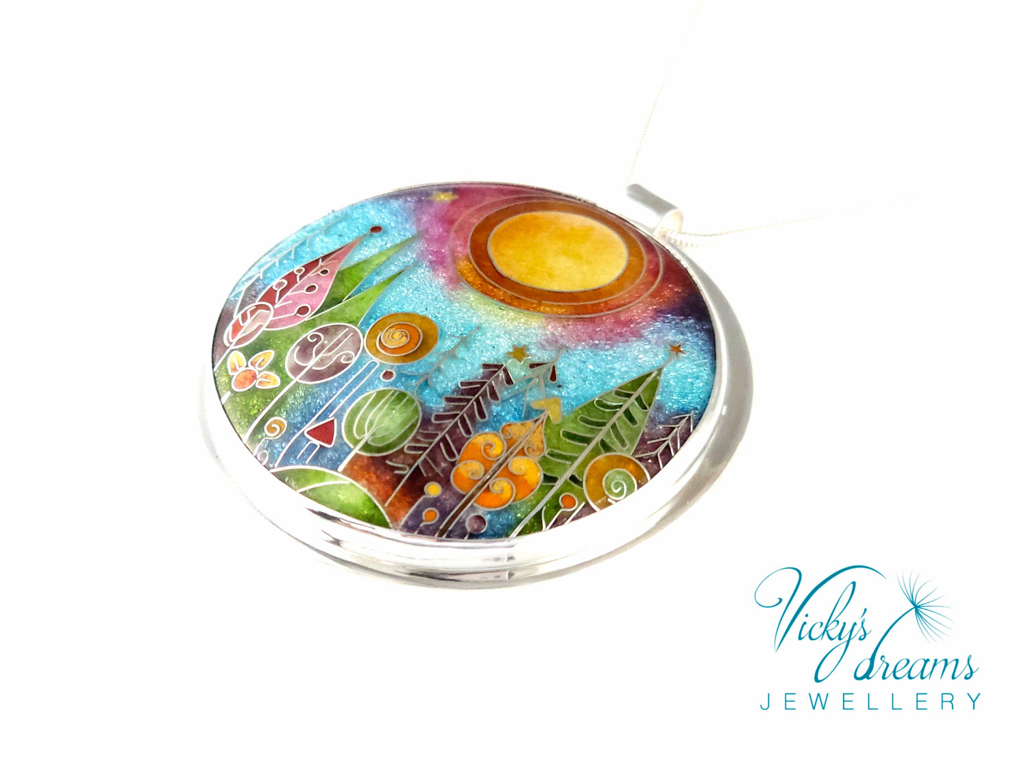 Handmade sterling silver cloisonné enamel pendant featuring a dreamlike forest with stylized trees, flowing lines, spiral motifs, and subtle stars