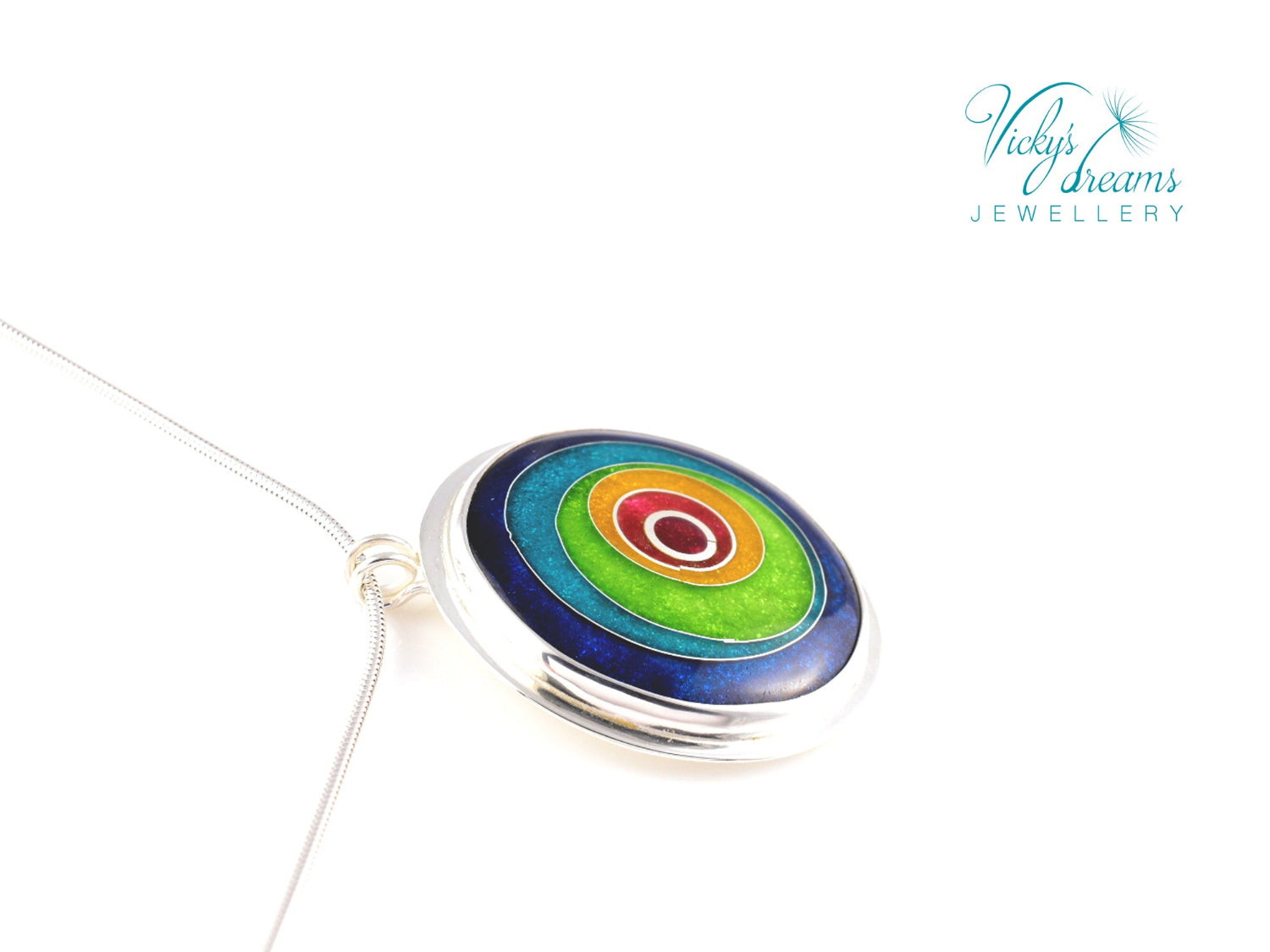 Handmade cloisonné enamel circles pendant in vibrant colors with sterling silver bezel