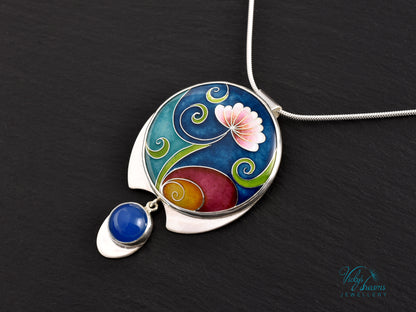 Boho flower Handmade Cloisonné Enamel Necklace – Vibrant Floral Design with Sterling Silver and Blue Agate