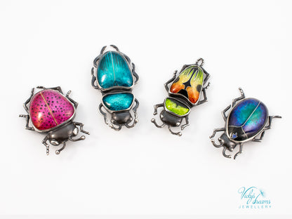 Beetle Cloisonne Enamel Pendant Necklace - Handmade Sterling Silver Insect Jewelry