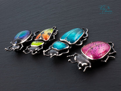 Beetle Cloisonne Enamel Pendant Necklace - Handmade Sterling Silver Insect Jewelry