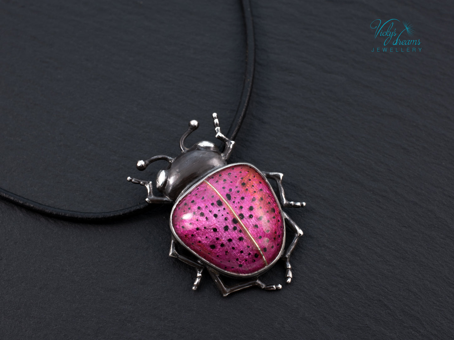 Pink Spotted Enamel Beetle Pendant | Sterling Silver Ladybug Insect Necklace | Cute Fuchsia Colorful Bug Jewelry