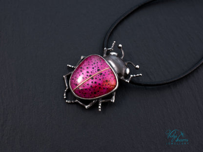 Pink Spotted Enamel Beetle Pendant | Sterling Silver Ladybug Insect Necklace | Cute Fuchsia Colorful Bug Jewelry