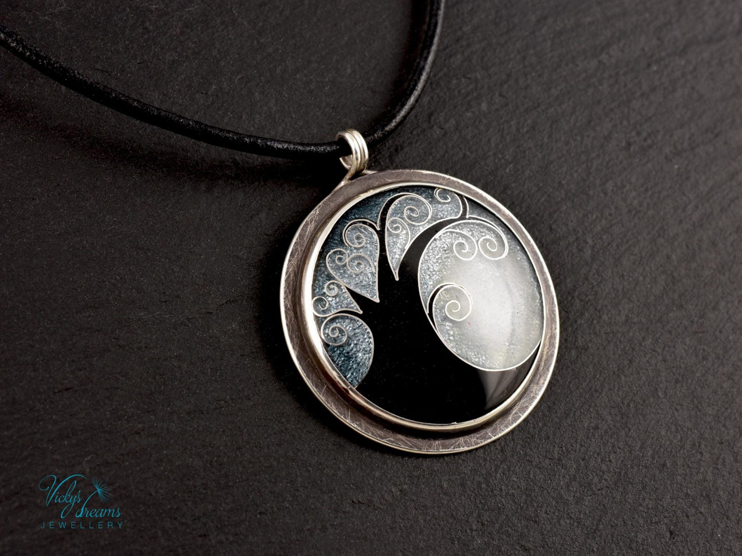 Elegant black cloisonné enamel tree pendant on sterling silver with leather cord