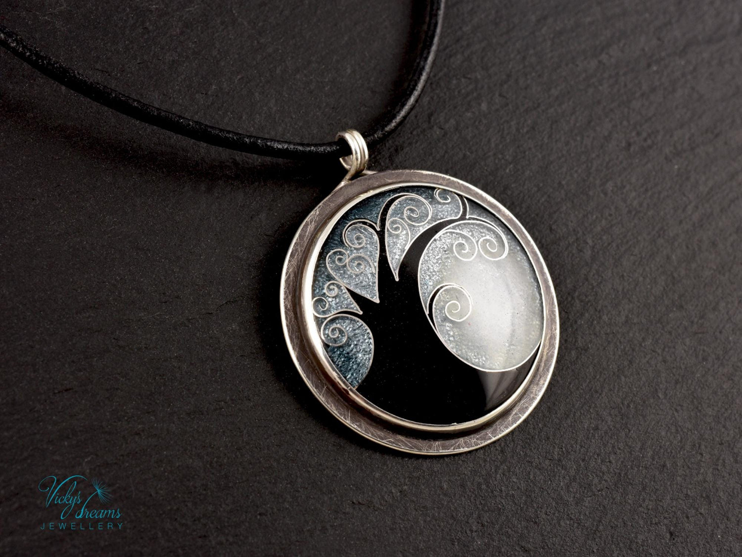 Elegant black cloisonné enamel tree pendant on sterling silver with leather cord