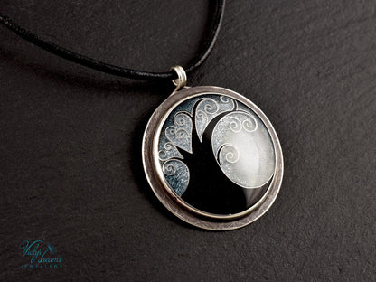 Elegant black cloisonné enamel tree pendant on sterling silver with leather cord