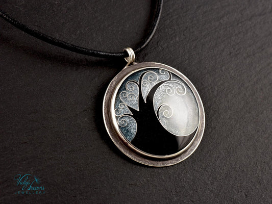 Elegant black cloisonné enamel tree pendant on sterling silver with leather cord