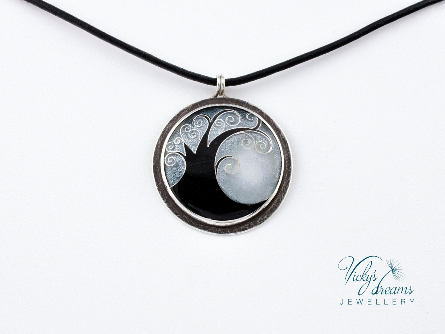 Elegant black cloisonné enamel tree pendant on sterling silver with leather cord