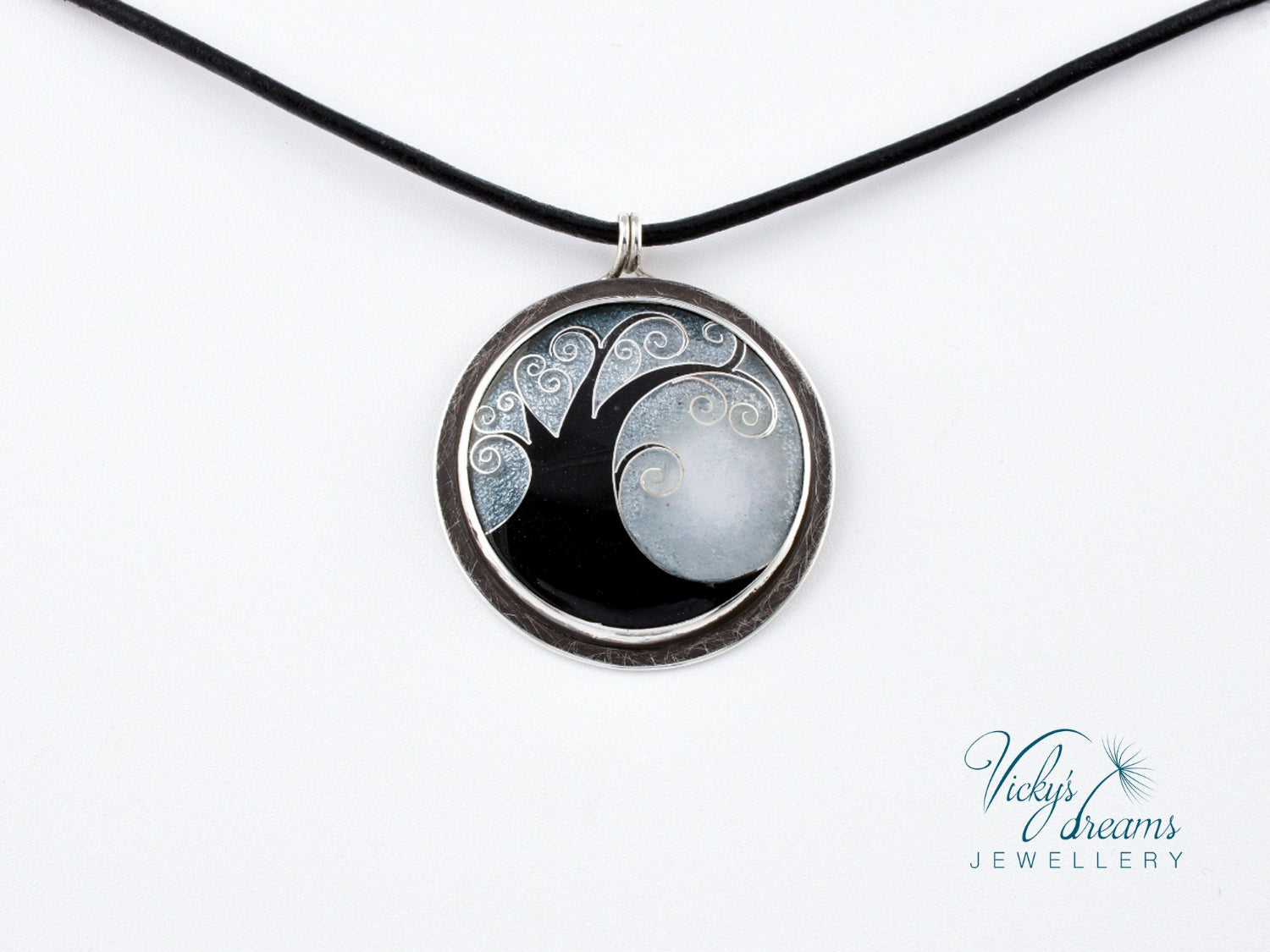 Elegant black cloisonné enamel tree pendant on sterling silver with leather cord