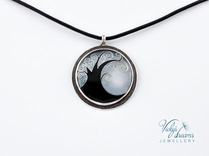 Elegant black cloisonné enamel tree pendant on sterling silver with leather cord