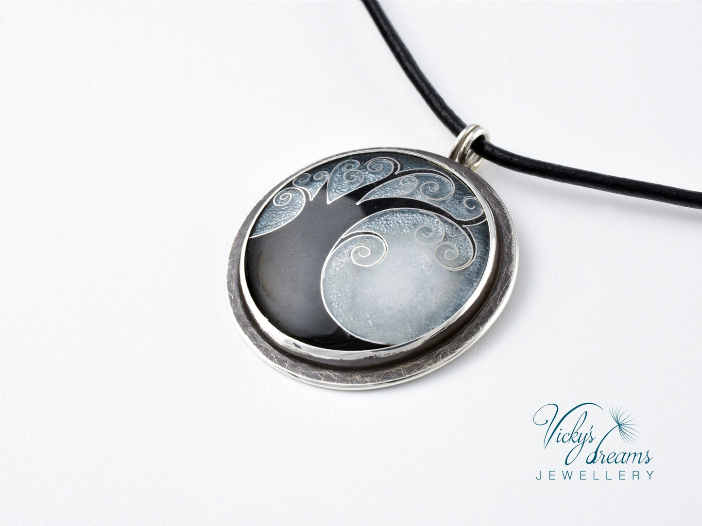 Elegant Black Cloisonné Enamel Tree Pendant – Handmade Sterling Silver Necklace