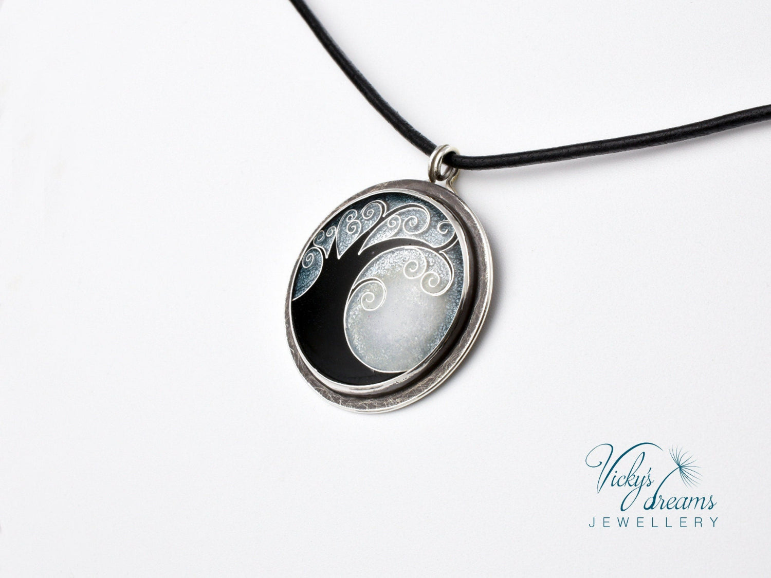 Elegant black cloisonné enamel tree pendant on sterling silver with leather cord