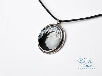 Elegant black cloisonné enamel tree pendant on sterling silver with leather cord
