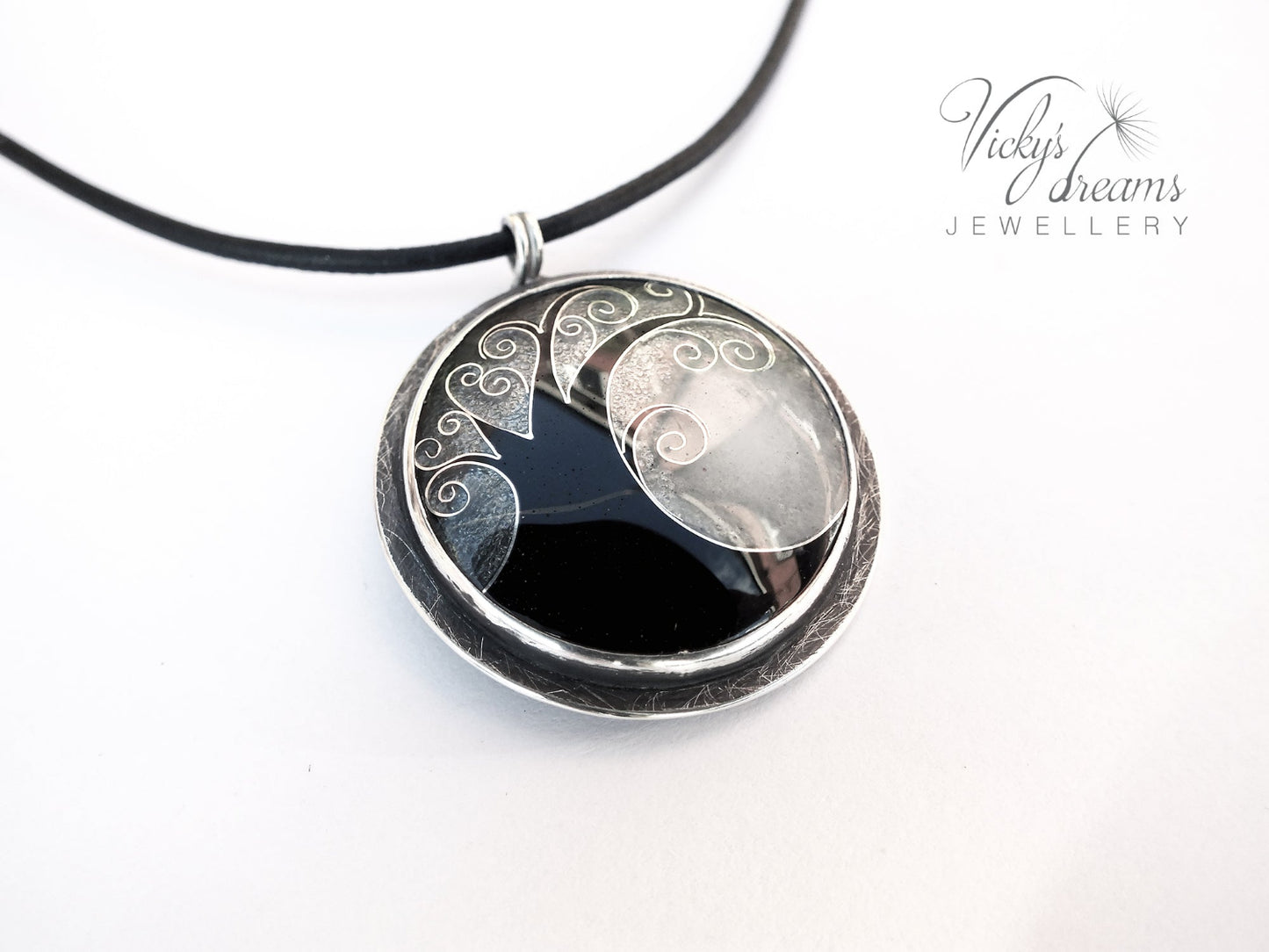 Elegant black cloisonné enamel tree pendant on sterling silver with leather cord