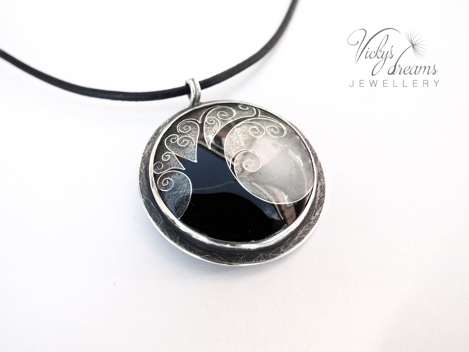 Elegant black cloisonné enamel tree pendant on sterling silver with leather cord