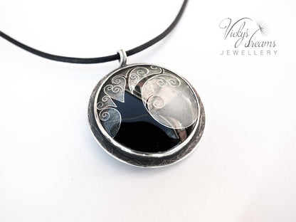 Elegant black cloisonné enamel tree pendant on sterling silver with leather cord