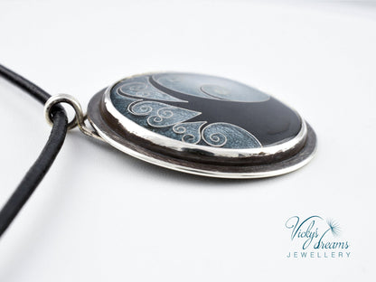 Elegant black cloisonné enamel tree pendant on sterling silver with leather cord