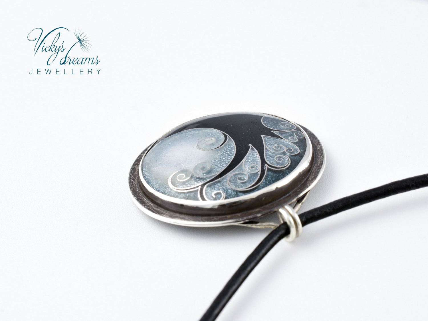 Elegant black cloisonné enamel tree pendant on sterling silver with leather cord