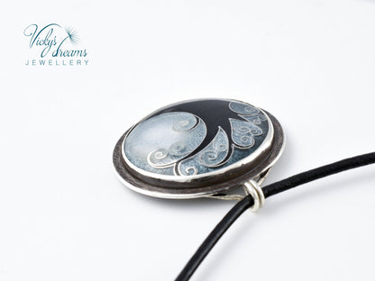 Elegant black cloisonné enamel tree pendant on sterling silver with leather cord