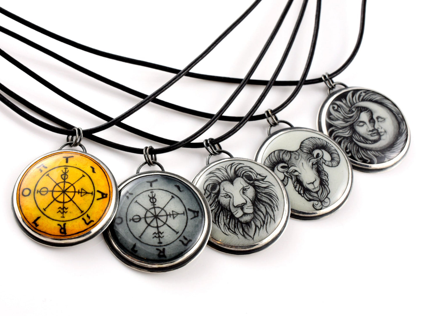 Hand-painted cloisonné enamel zodiac pendant on sterling silver with leather cord
