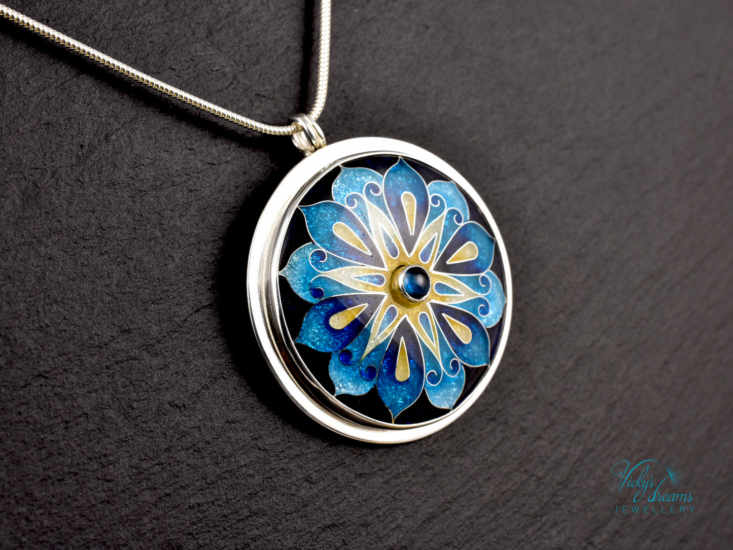 Handmade cloisonné blue mandala enamel pendant with London Blue Topaz gemstone in sterling silver