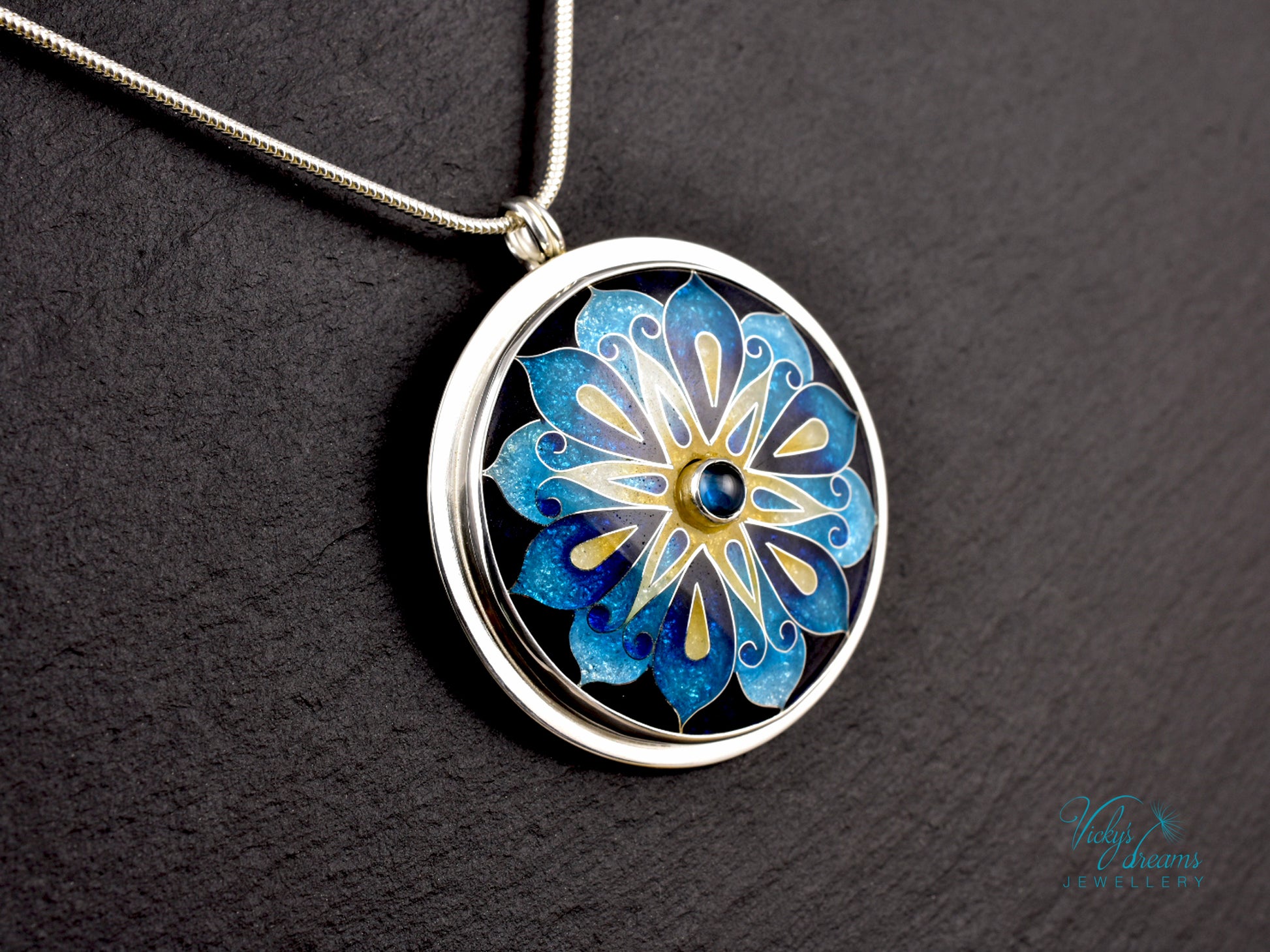 Handmade cloisonné blue mandala enamel pendant with London Blue Topaz gemstone in sterling silver
