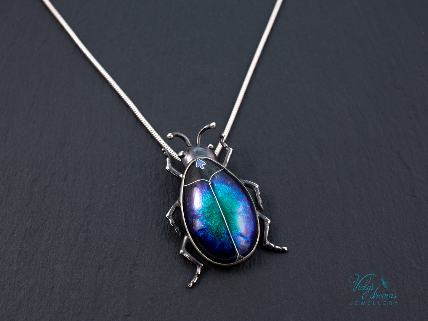 Blue Purple Enamel Scarab Beetle Pendant | Sterling Silver Cloisonne Insect Necklace | Cosmic Bug Jewelry Without Chain