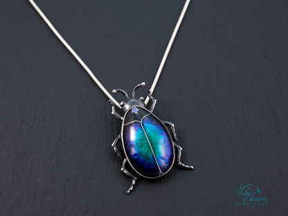 Blue Purple Enamel Scarab Beetle Pendant | Sterling Silver Cloisonne Insect Necklace | Cosmic Bug Jewelry Without Chain