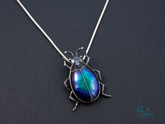 Blue Purple Enamel Scarab Beetle Pendant | Sterling Silver Cloisonne Insect Necklace | Cosmic Bug Jewelry Without Chain