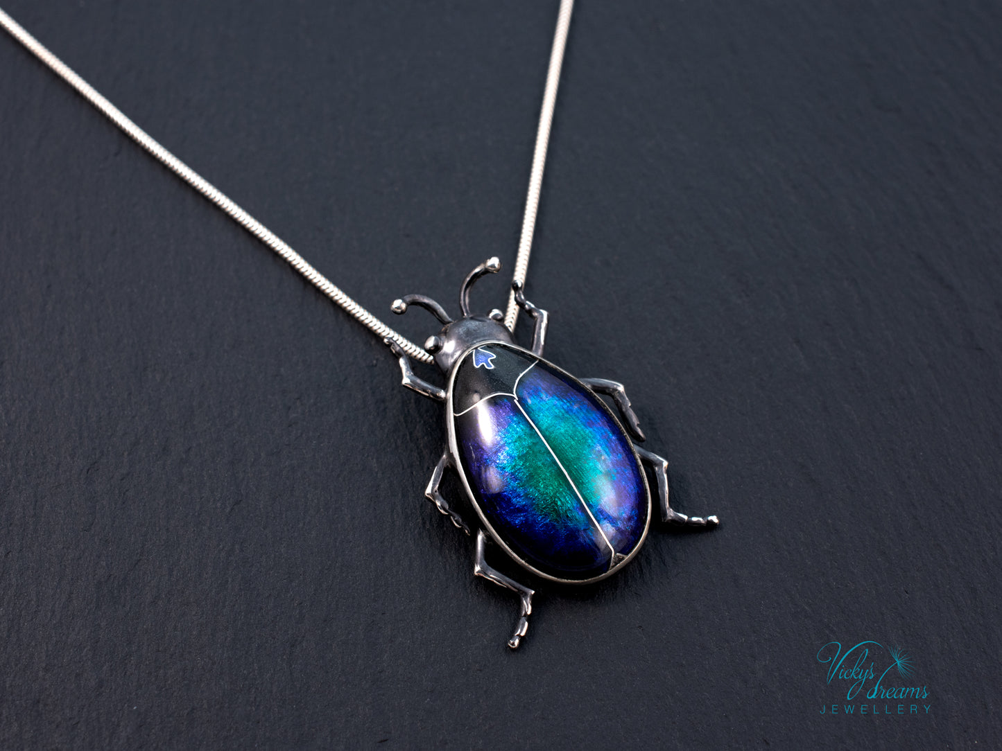 Blue Purple Enamel Scarab Beetle Pendant | Sterling Silver Cloisonne Insect Necklace | Cosmic Bug Jewelry Without Chain