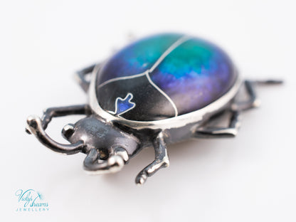 Blue Purple Enamel Scarab Beetle Pendant | Sterling Silver Cloisonne Insect Necklace | Cosmic Bug Jewelry Without Chain