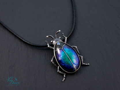 Blue Purple Enamel Scarab Beetle Pendant | Sterling Silver Cloisonne Insect Necklace | Cosmic Bug Jewelry Without Chain