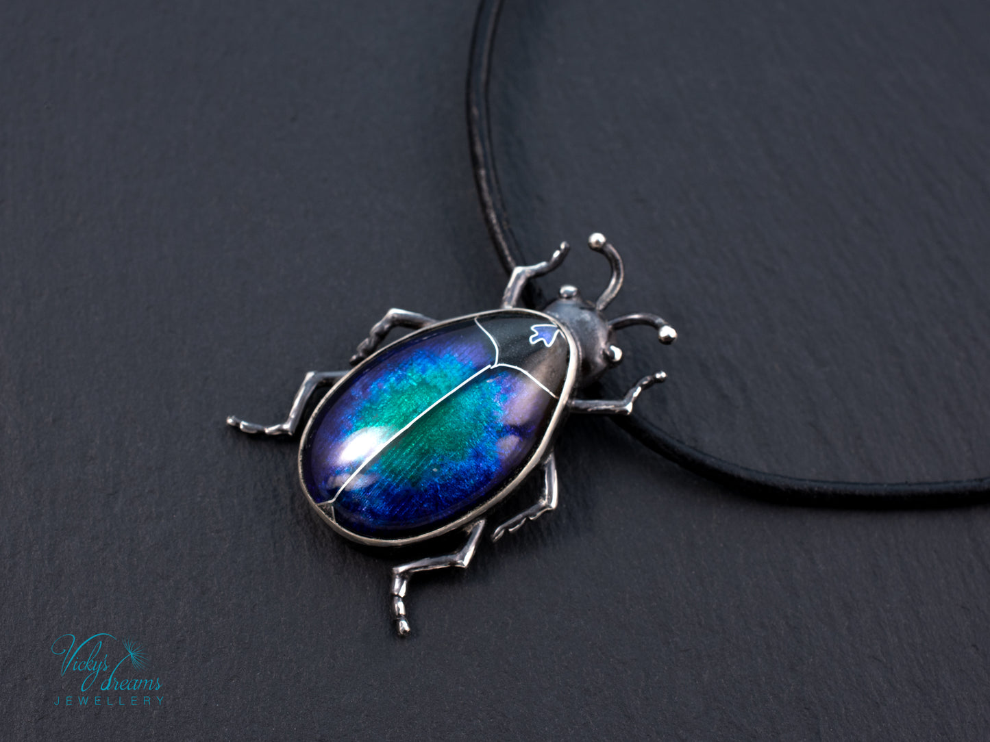 Blue Purple Enamel Scarab Beetle Pendant | Sterling Silver Cloisonne Insect Necklace | Cosmic Bug Jewelry Without Chain