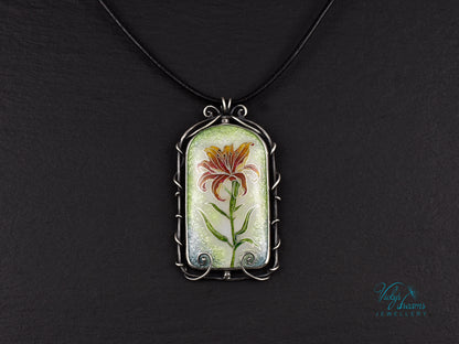 Handmade cloisonné fire lily enamel pendant on sterling silver with leather cord