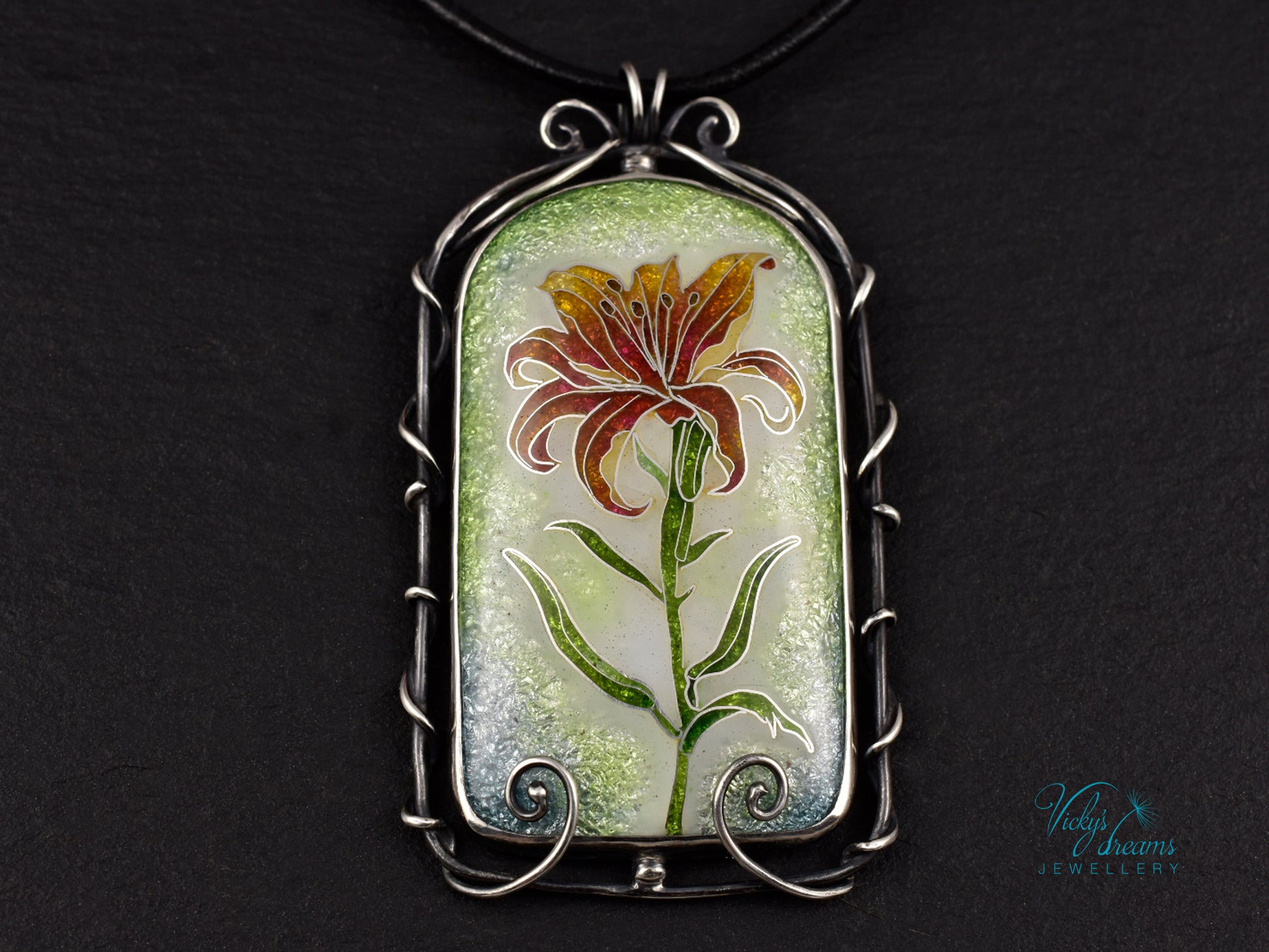 Handmade cloisonné fire lily enamel pendant on sterling silver with leather cord
