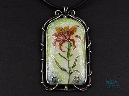 Handmade cloisonné fire lily enamel pendant on sterling silver with leather cord
