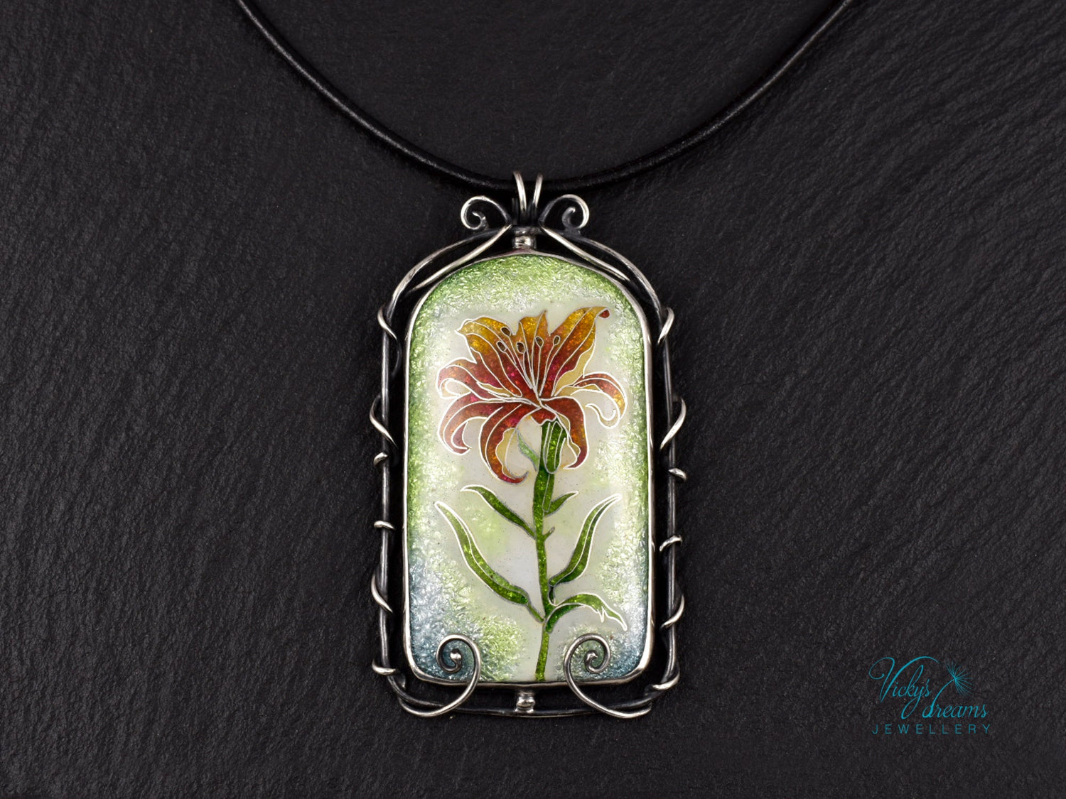 Handmade cloisonné fire lily enamel pendant on sterling silver with leather cord