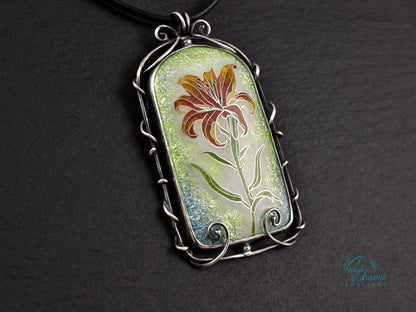 Handmade cloisonné fire lily enamel pendant on sterling silver with leather cord