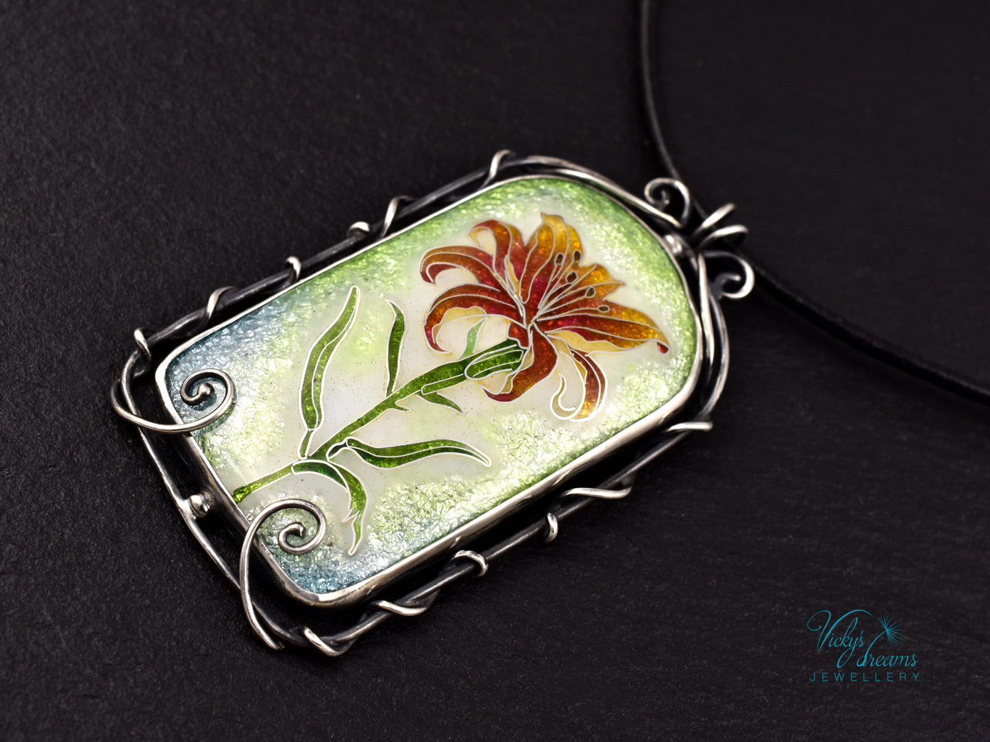 Handmade cloisonné fire lily enamel pendant on sterling silver with leather cord