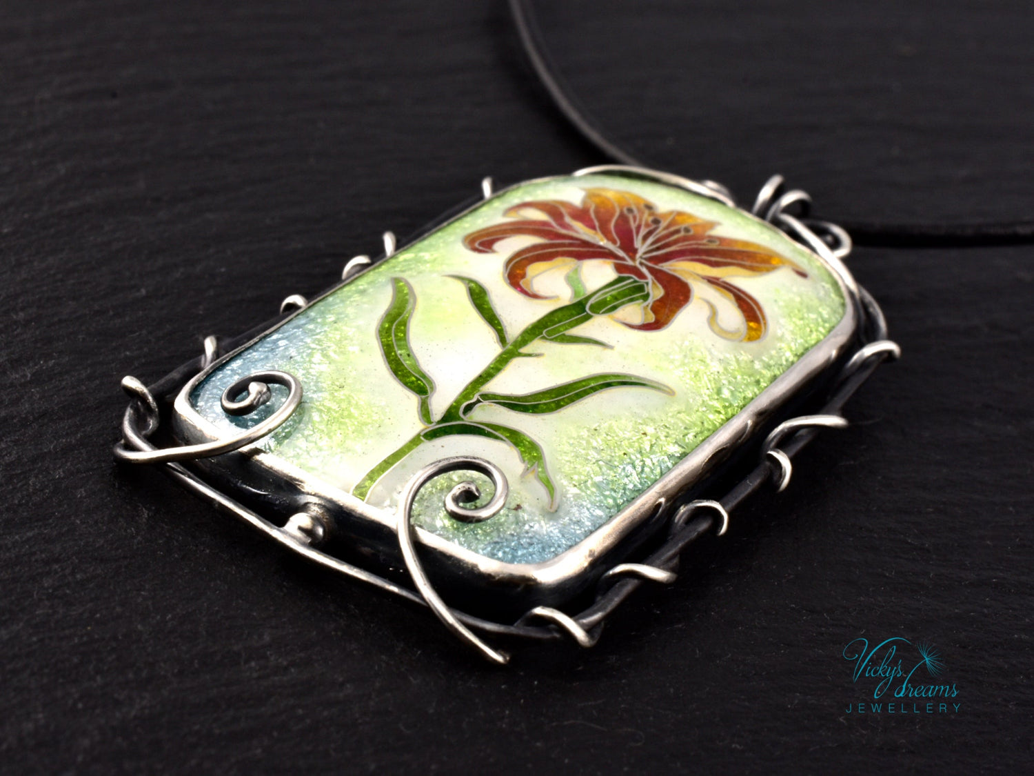Handmade cloisonné fire lily enamel pendant on sterling silver with leather cord