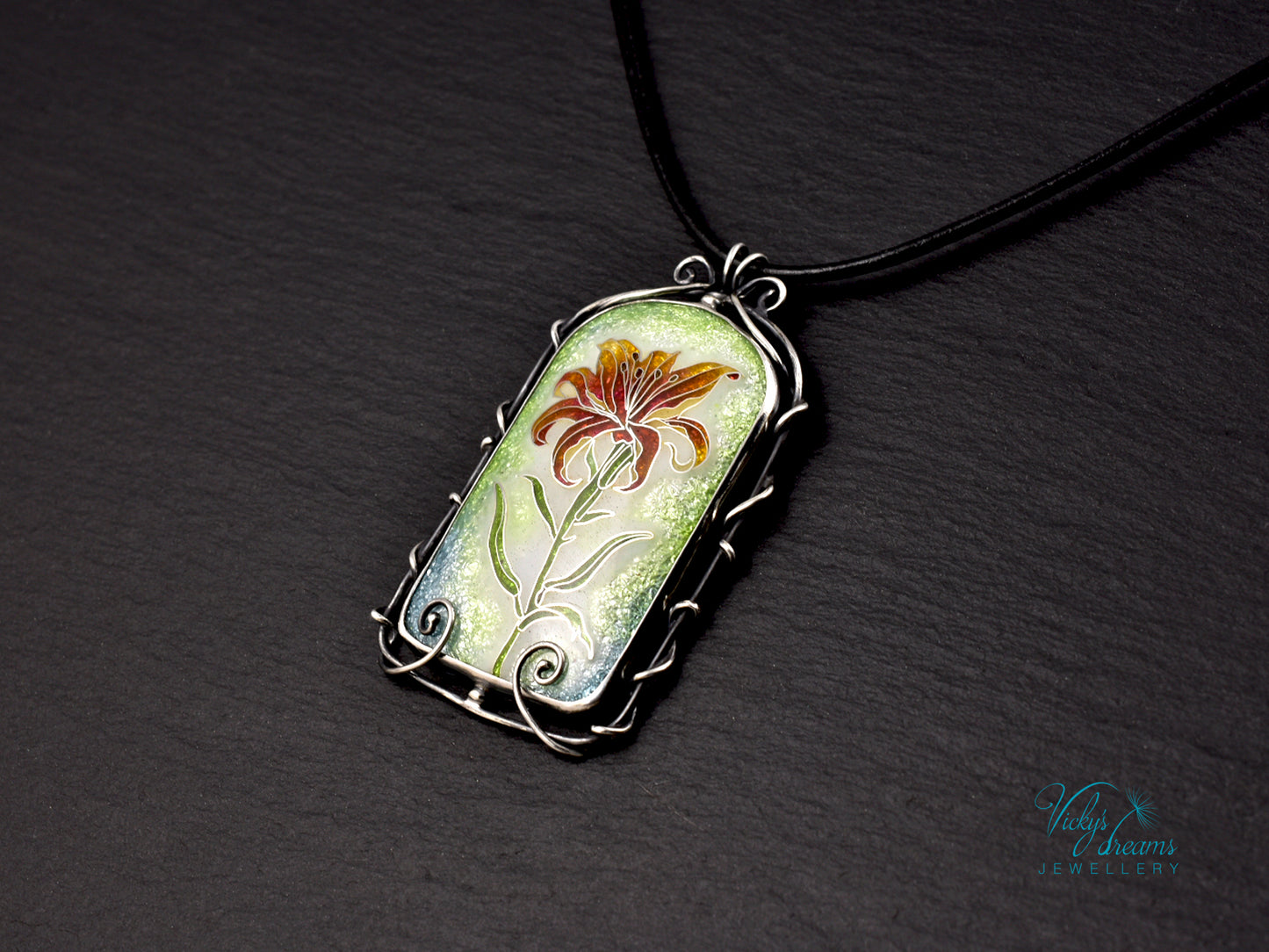 Handmade cloisonné fire lily enamel pendant on sterling silver with leather cord