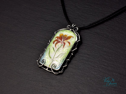 Handmade cloisonné fire lily enamel pendant on sterling silver with leather cord
