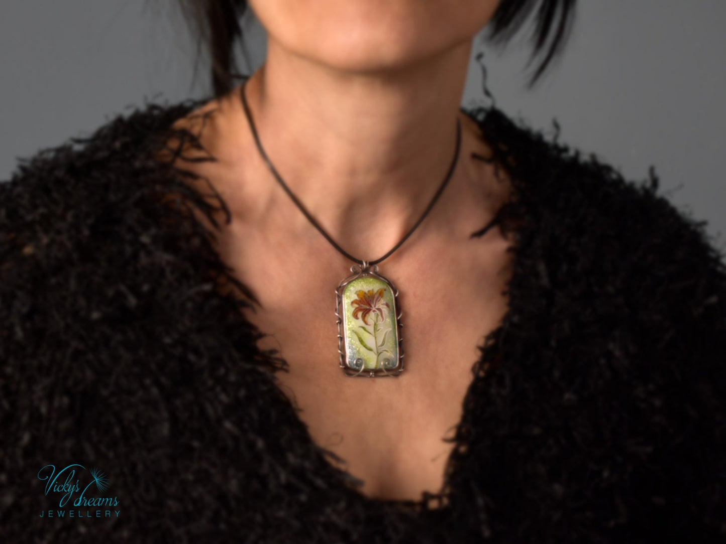 Handmade cloisonné fire lily enamel pendant on sterling silver with leather cord