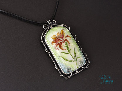 Handmade cloisonné fire lily enamel pendant on sterling silver with leather cord
