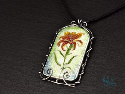 Handmade cloisonné fire lily enamel pendant on sterling silver with leather cord