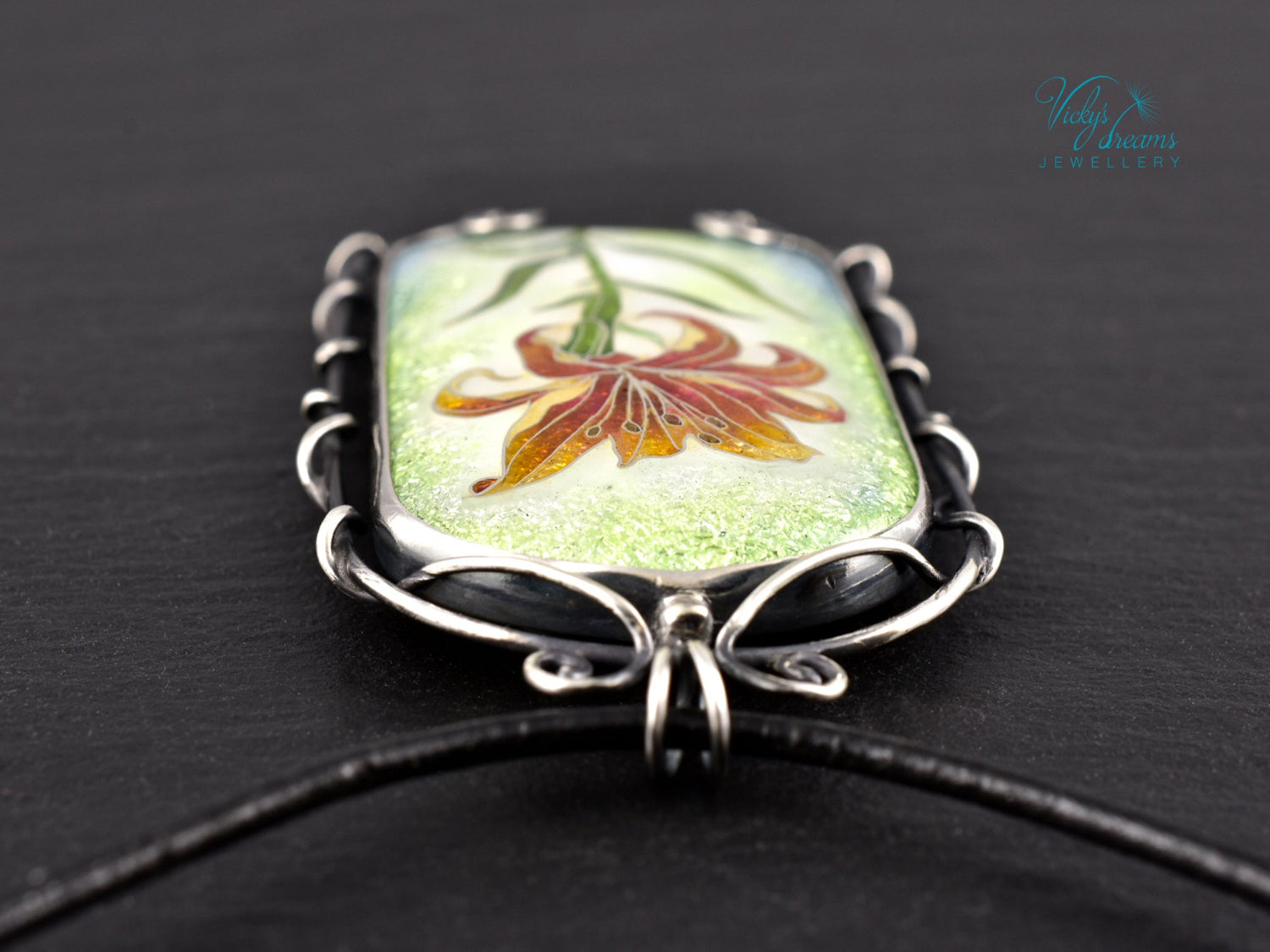 Handmade cloisonné fire lily enamel pendant on sterling silver with leather cord