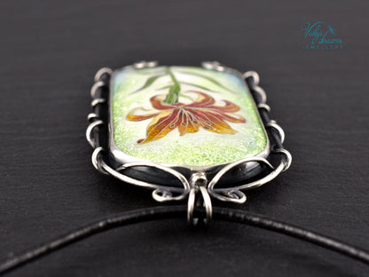 Handmade cloisonné fire lily enamel pendant on sterling silver with leather cord